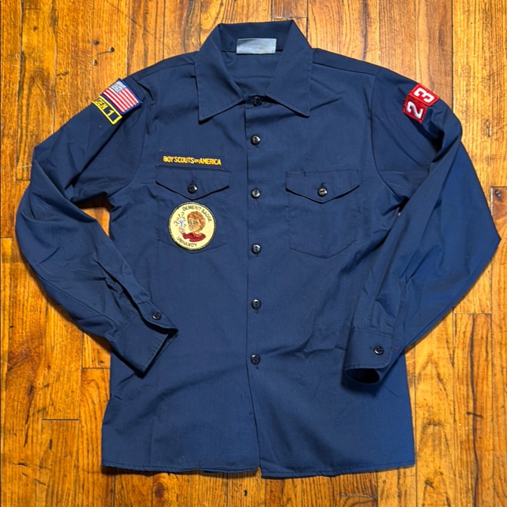 BOY SCOUTS of AMERICA Navy Blue Uniform Dress‎ Shirt 'Unhandy' Demerit Badge Y/L